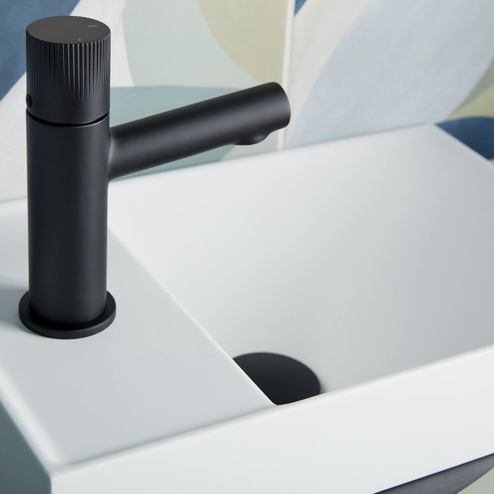 Vado Safari Leverless Fluted Matt Black Mini Mono Basin Mixer With Waste - Lifestyle Image 1